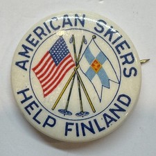 1939 WWII American Skiers Help Finland Pin Button Winter War Finnish Relief picture