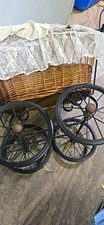 Vintage Wicker Baby Carriage Buggy w/ Lace Canopy, Metal Spoked Wheels Brown picture