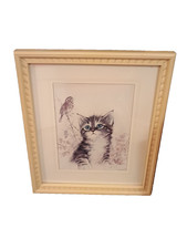 Vtg 1987 SYROCO Homco 3216 FRAME Mat ART PRINT Kitten CAT Finch BIRD 15.5x13.5