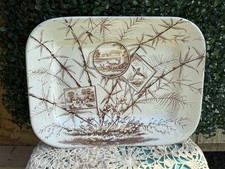 Antique 1883 JH Davis Chatsworth Brown Transferware Platter Deer Bird Aesthetic picture