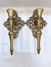 Pair Vintage Ornate Gold Wall Sconces 10.5” Baroque Rococo Hollywood Regency picture