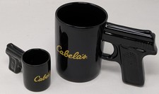 Cabela’s Pistol Grip Black Coffee Mug Pair Hand Gun Handle 16 oz & 2 oz Lot picture