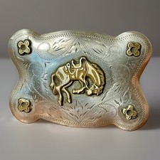 Vintage Ricardo Nickel Silver Belt Buckle Bronze Bronco Horse Western Cowboy 3.5 picture