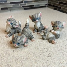 VTG 4pc Set Miniature Grey Tabby Kitten Figurines Playful Blue Eyed Cat Decor picture