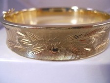 10K Yellow Gold Over Wide Floral Rose Feather Scroll Design Bangle Bracelet 19.1 picture