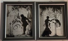 1933 Deltex Reverse Painted Glass Silhouette Pair Fine Feathers & At the Gate picture