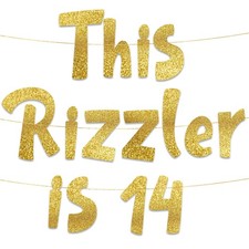 Pre-Strung This Rizzler is 14 Gold Glitter Banner - 14th Birthday Decorations... picture