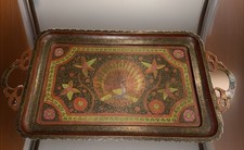 Vintage Hand-Etched & Hand Painted Brass Peacock Tray India 1960’s Boho picture