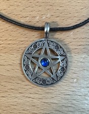 Pentacle with Blue Rhinestone Pewter Pendant Pagan Wiccan New Made USA picture