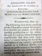 1810 VT newspaper PRESIDENT THOMAS JEFFERSON SECURES PEACE w the SAVAGE INDIANS picture