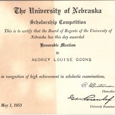 1953 University of Nebraska Scholarship Certificate Honorable Mention Coons picture