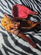 Antique 19thC Figural Meerschaum Pipe Hand Carved Three Deer Family Forest Case picture