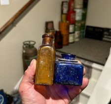 Pair Of Nice Color Antique Bottles Cobalt Ink & Blown Amber Medicine Early 1900s picture