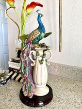 The Crosa Collection Peacocks Sanctuary Statute Art Blue Green Wood Pedestal picture