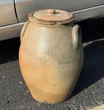 1800’s Antique Primitive Brown Stoneware Crock Lug Handles 13” w/ Lid picture