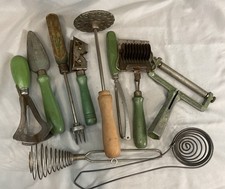 Lot Of  10 Vtg Rustic Green Wooden Handled & Primitive Farmhouse Utensils Tools picture