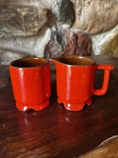 Frankoma Pottery Cream & Sugar Set Flame Red Oklahoma Vintage Footed Fall Decor picture