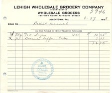 1938 Lehigh Wholesale Grocery Co. Allentown, PA billhead picture