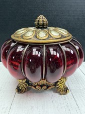 Vintage Ruby Red Caged Bubble Glass Brass Apothecary Jar Ornate Lidded Box picture