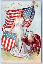 1906 LADY LIBERTY BALD EAGLE AMERICAN FLAG & SHIELD P. SANDER PATRIOTIC POSTCARD picture