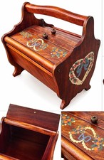 Vintage Wooden Sewing Caddy Hand Painted Floral Heart Folk Art Craft Storage Box picture