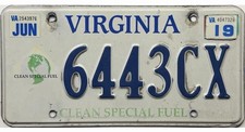 *BARGAIN BIN* 2019 Virginia CLEAN SPECIAL FUEL License Plate #6443CX picture