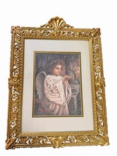 VTG Framed Art Print Of Angel Holding Bird Ornate Mated Gold Tone Metal Frame picture