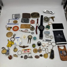 Vintage Junk Drawer Lot Watches Belt Buckles Pins Keychains Coins Jewelry Mixed picture