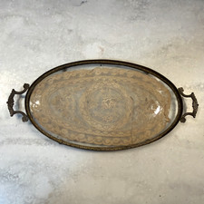 VTG French Gilt Brass Oval Vanity Tray Glass/Cover Lace/ 13.5