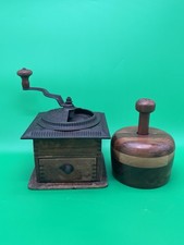 Antique Peugeot Freres Coffee Grinder & Vintage Turned Wood Lidded Container Lot picture
