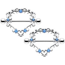 14 Gauge 9/16 Blue Aquamarine Leafy Heart Nipple Shield Set 14K White Gold Over picture