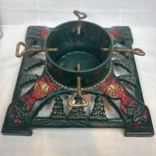 Vintage Innova Green Christmas Tree Stand Cast Iron Gold Bells Red Bows Sturdy picture