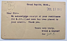 c1912 Business Postcard Wykes & Company Remittance to Voigt Milling Co. Michigan picture