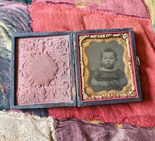 Antique Hand Tinted Tintype Photograph 1/9th Plate Full Case Child Portrait picture