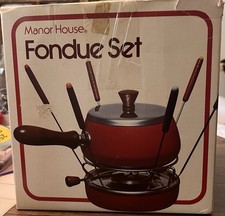 Manor House Red Fondue Set Mid Century New Old Stock Made In Japan Unused picture