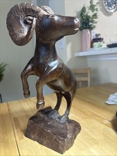 VTG Hand Carved Big Horn Mountain Ram Statue Sculpture Standing On Base 14” Tall picture