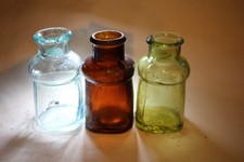 LOT OF 3 ANTIQUE 1800s BIXBY INK / POLISH BOTTLES - AQUA , BROWN, & GREEN picture