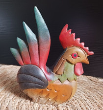 Hand Carved Painted Wooden Rooster Folk Art Primitive Farm Chicken Figurine 6.5