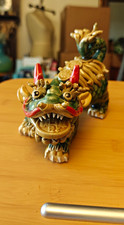 Chinese mid-century Ceramic Pair Foo Dog Guardian Lion Statues Green Glaze 6.5