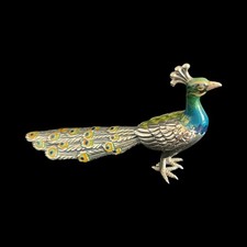 Saturno 925 Sterling Silver & Enamel Peacock Figurine All Hallmarks picture