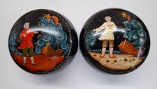 Set of 2 Russian Hand Painted Lacquer Trinket Boxes Folk Art Fishermen Scene picture