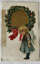 Vintage 1910 Christmas Postcard Girl Wreath Embossed Antique Card PC10 picture