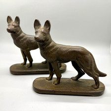 Pair of Vintage German Shepherd Dog Heavy Cast Metal Bronze Patina Bookends picture