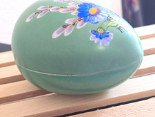 Vintage Green Ceramic Egg Trinket Box, Hand Painted Blue Floral, Germany Marked picture