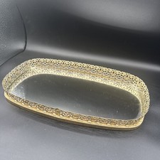 VTG Ornate Gold Tone Metal Filigree Mirror Vanity Dresser Tray Oblong 14x8’’ picture