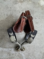 Vintage Western Cowboy Spurs Engraved Silver Overlay Leather Straps Brass Rowels picture