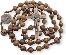 Sacred Wooden Rosary St Benedict Solid Wood & Metal Beads Catholic Chaplet picture