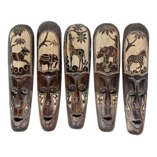 Zeckos Set of 5 African Animal Hand Carved Wooden Wall Masks picture