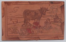 Children With Cow Farmyard Scene Early 1900s Comic Leather Postcard picture