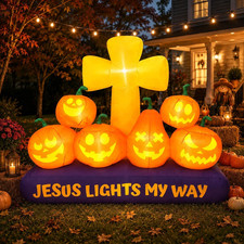 5.4×6.4FT Halloween Inflatable Cross with Pumpkins LED Christian Decoration picture